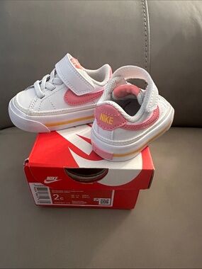 Nike Kids White and Pink Velcro Sneakers with Yellow Accent